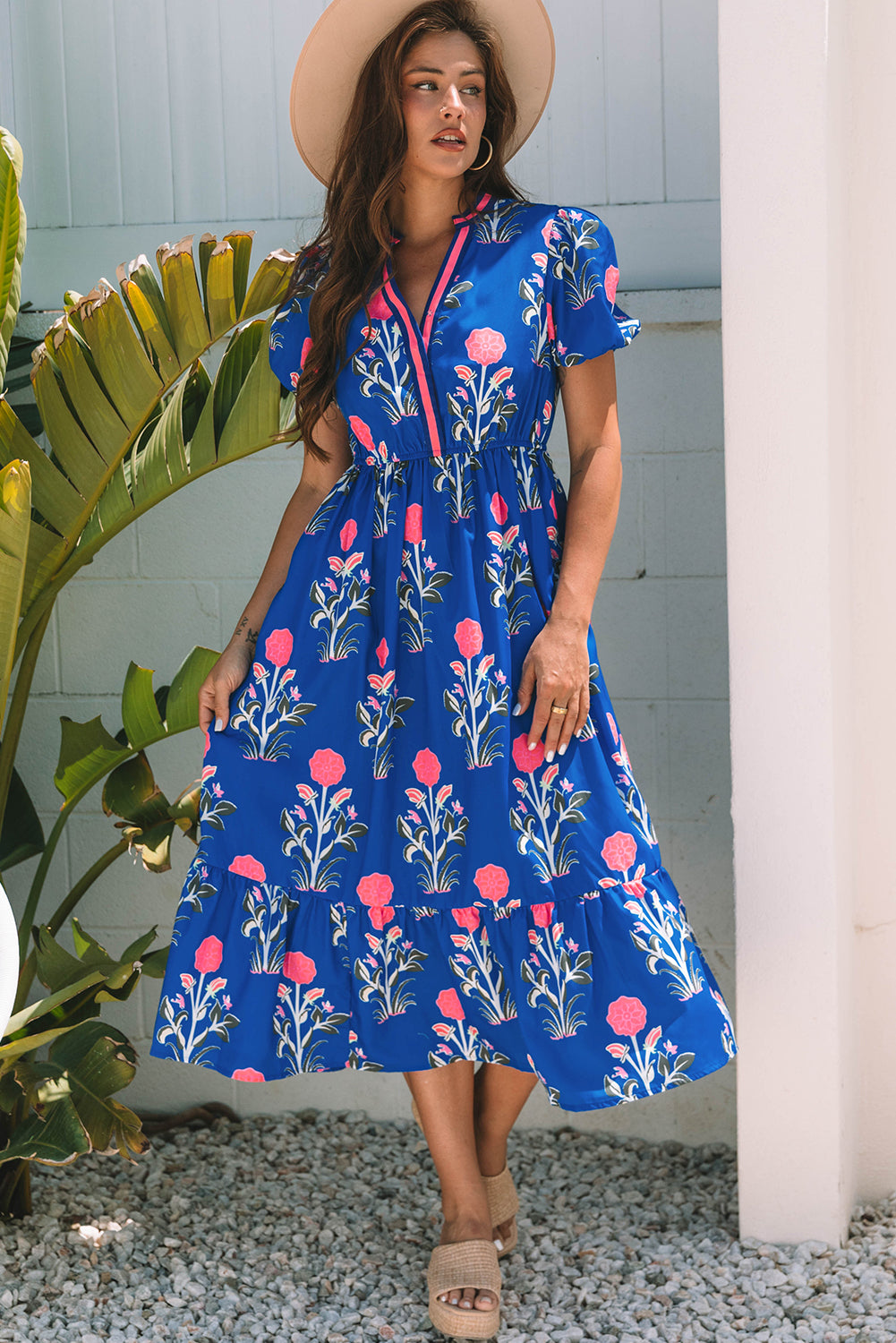 Floral Puff Short Sleeve Maxi Dress