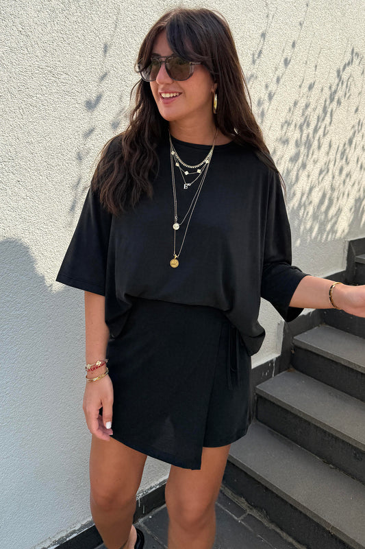 Black Oversize Tee Tie Wrap w/ Mini Skort Set