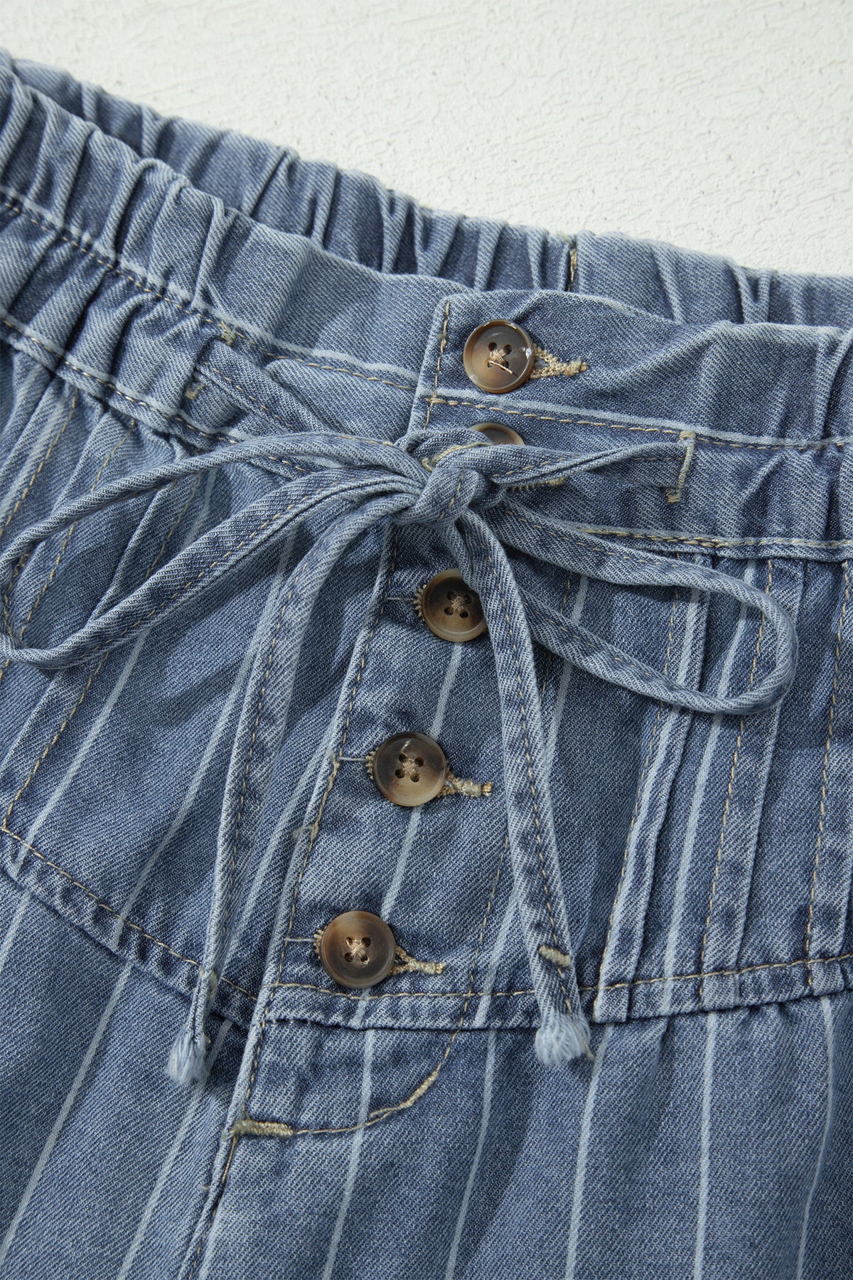 Striped Button Pleated Denim Shorts