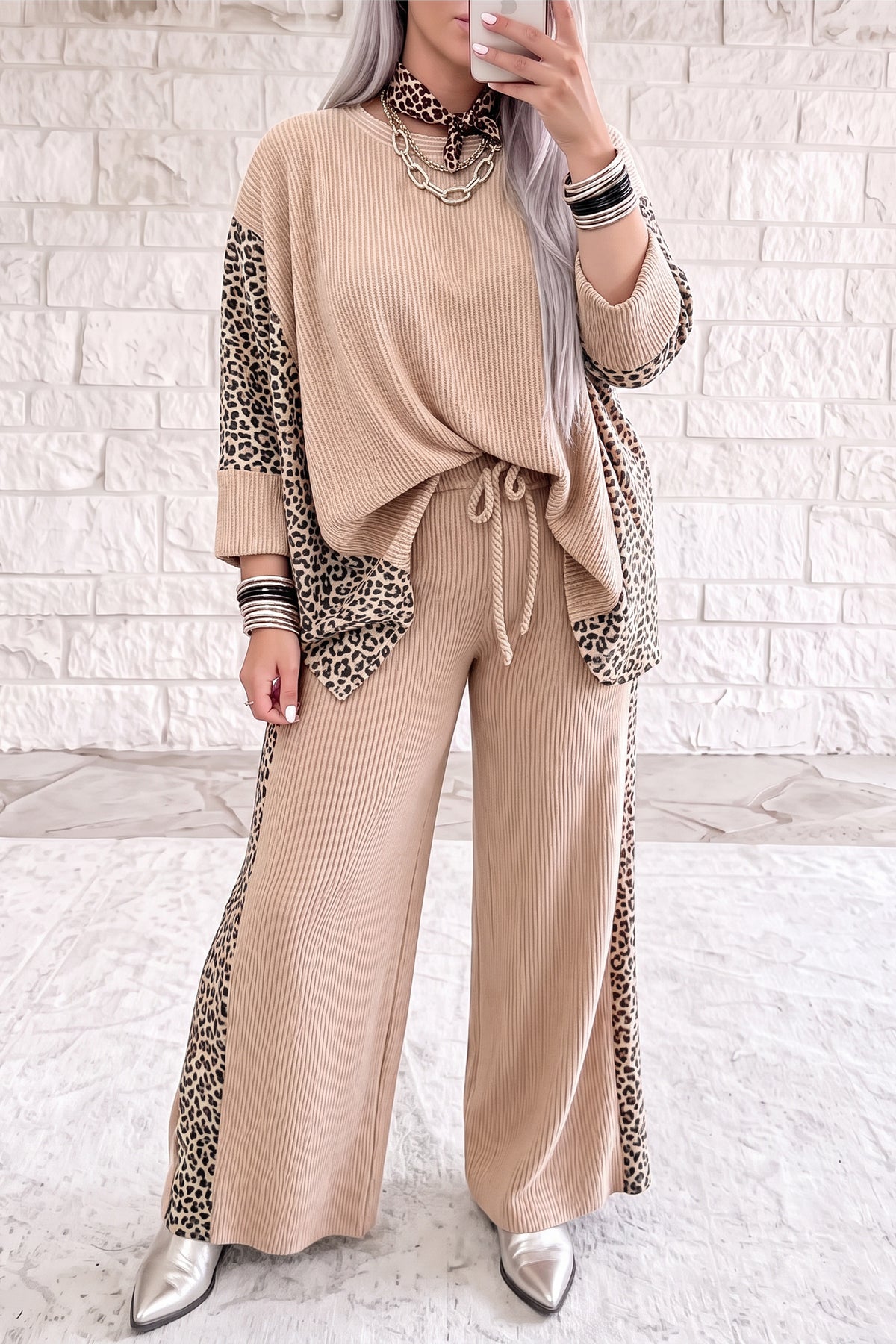 Leopard Print Long Sleeve Top w/ Pant Set