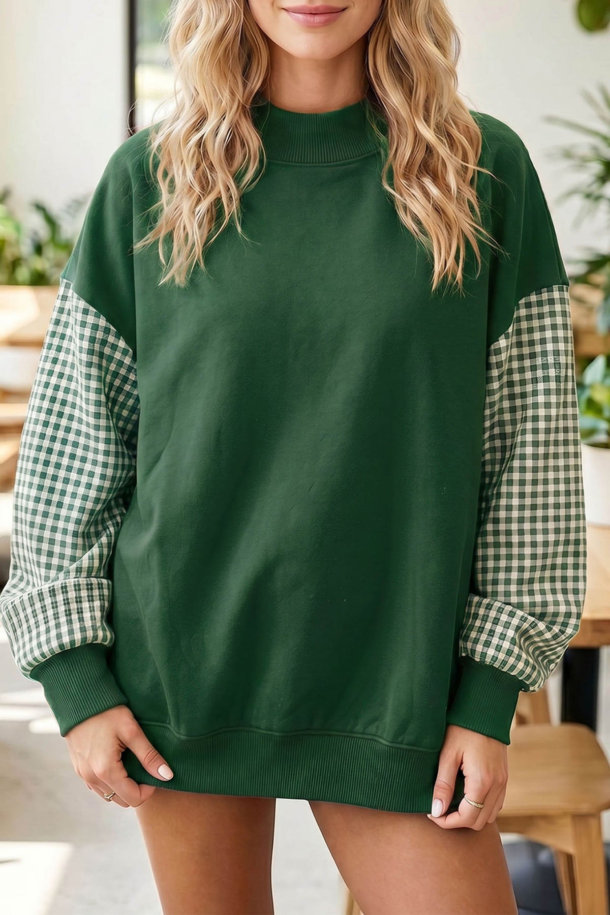 Plaid Sleeve Loose Tunic Sweatshirt