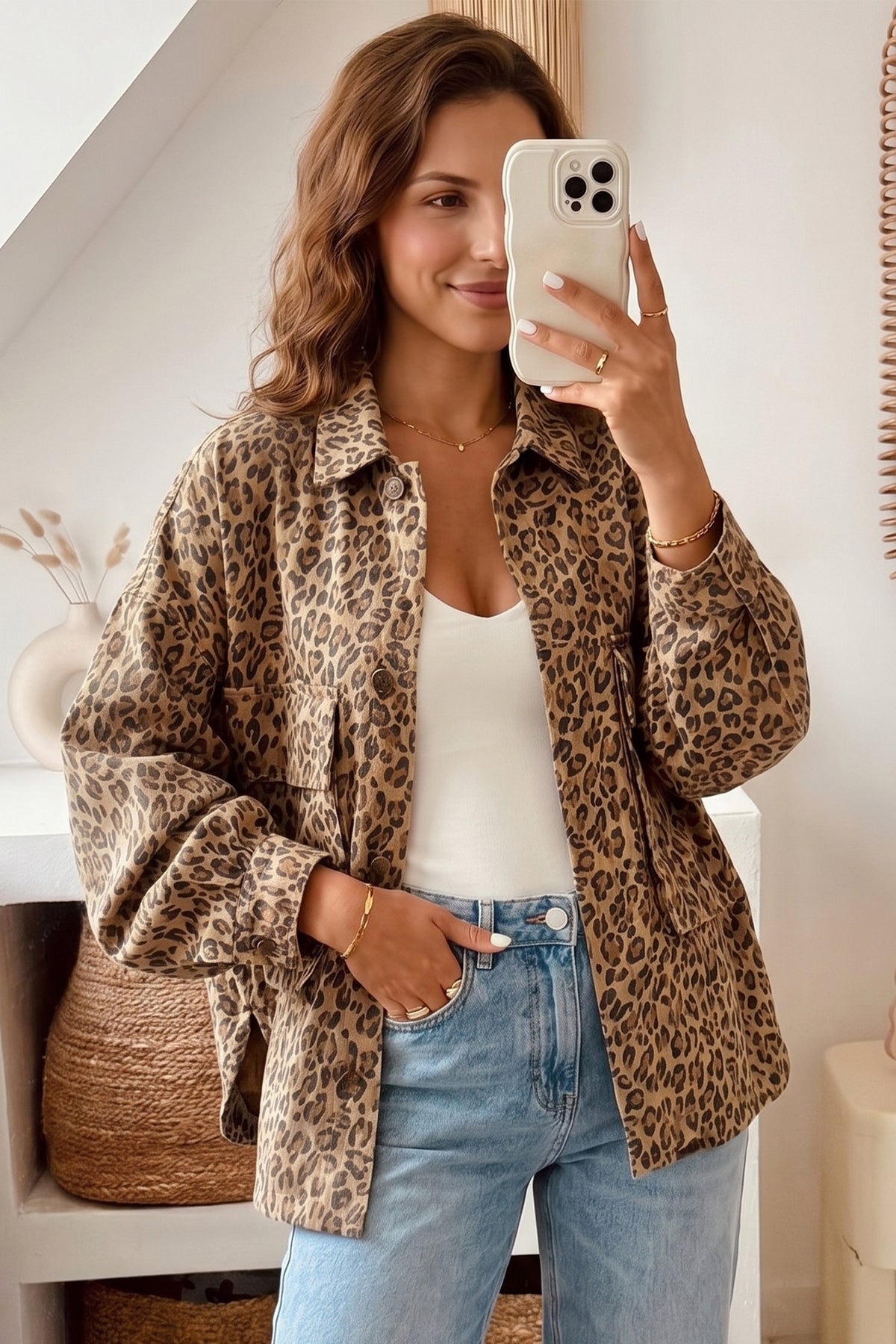 Leopard Print Long Sleeve Denim Jacket
