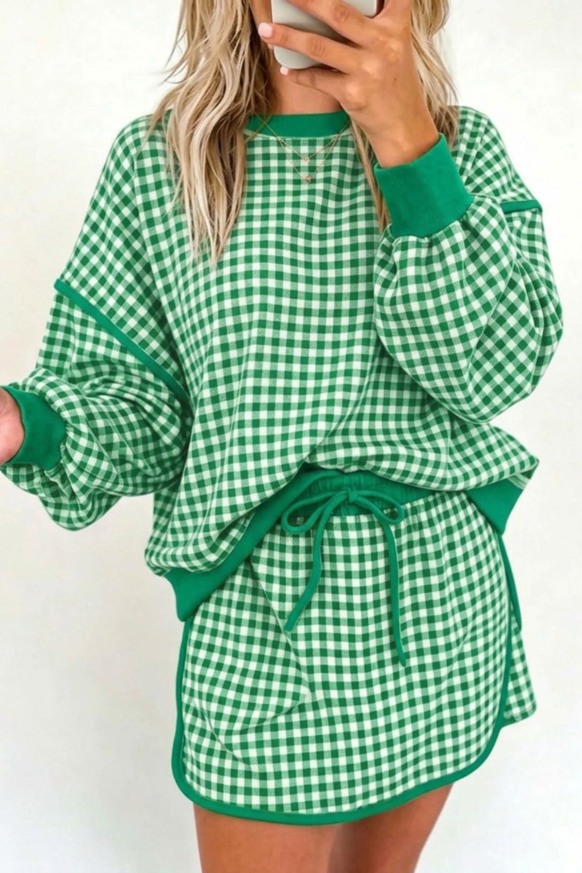 Gingham Oversized Long Sleeve Top and Skort Set