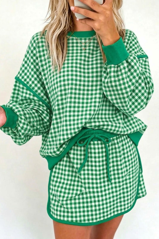 Gingham Oversized Long Sleeve Top and Skort Set