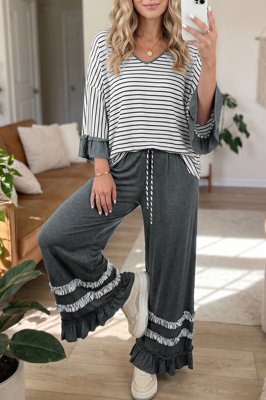 Stripe Ruffle Sleeve Top w/ Pants Set