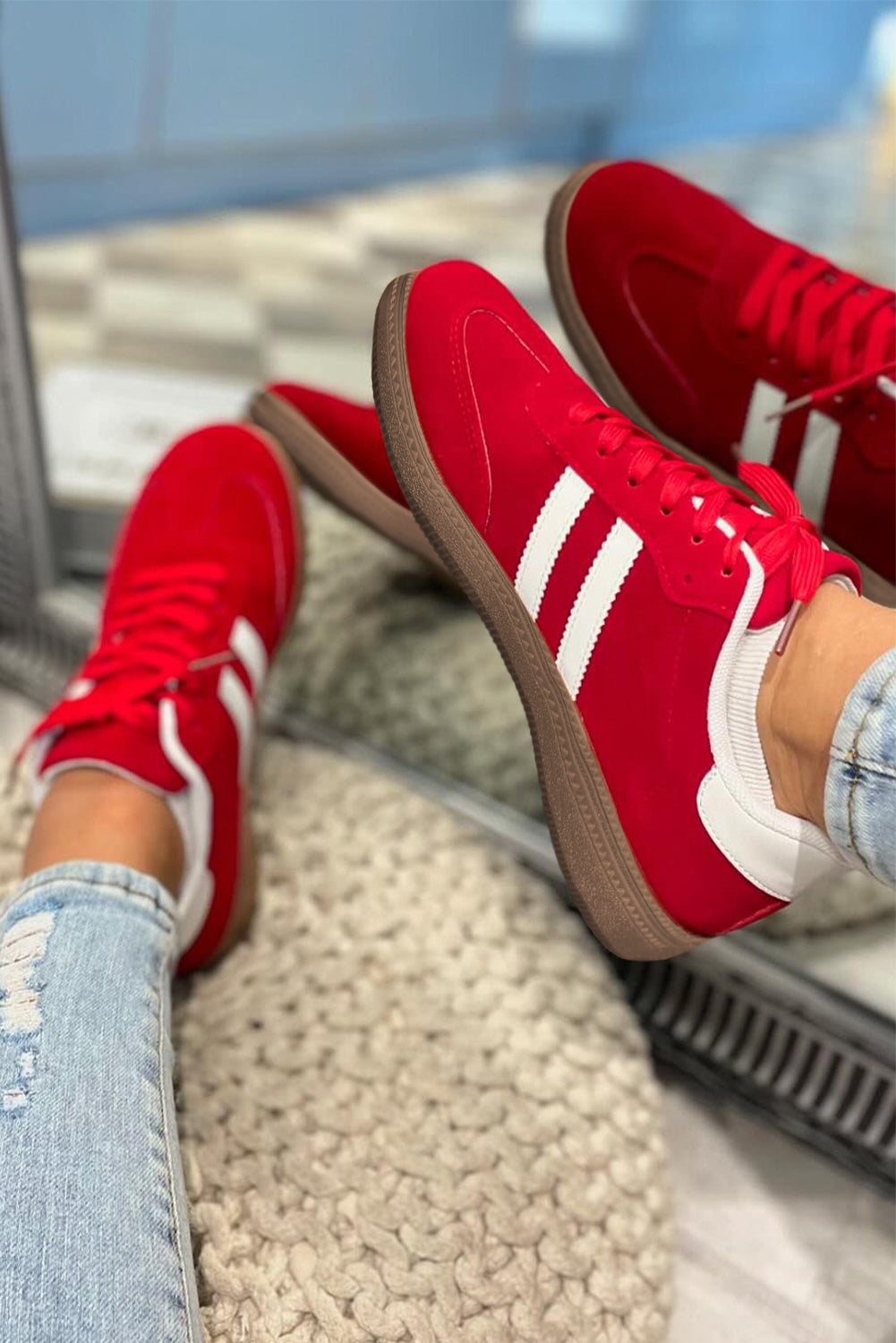 Red Vintage Striped Flat Shoes