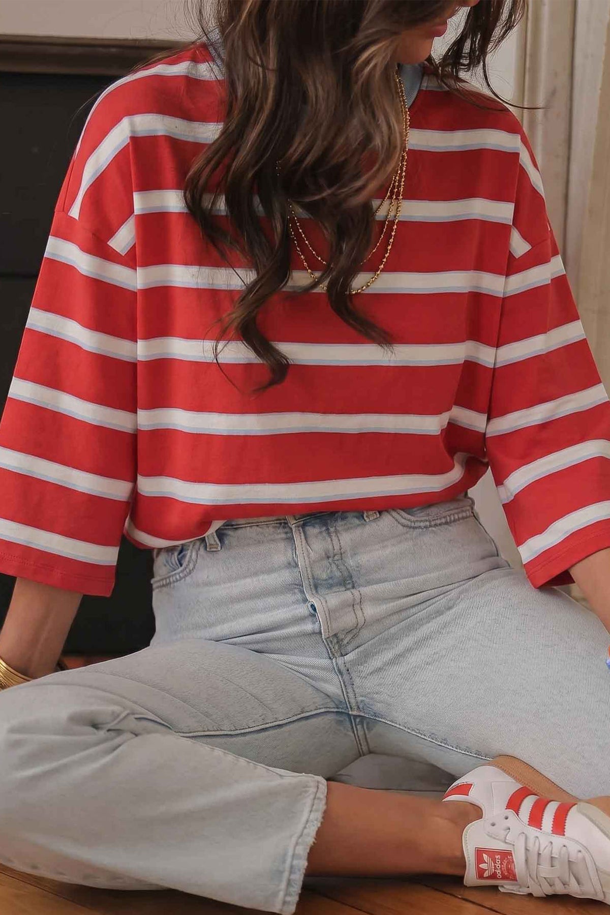 Red Striped Bow Tie Hollowed Shirt