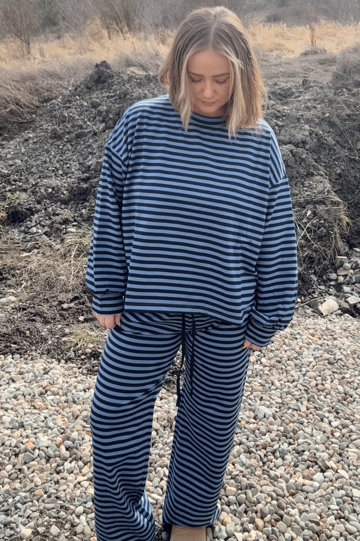 Blue Stripe Long Sleeve Plus Size Lounge Set
