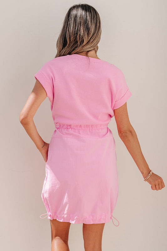 Cuffed Short Sleeve Drawstring Mini Dress
