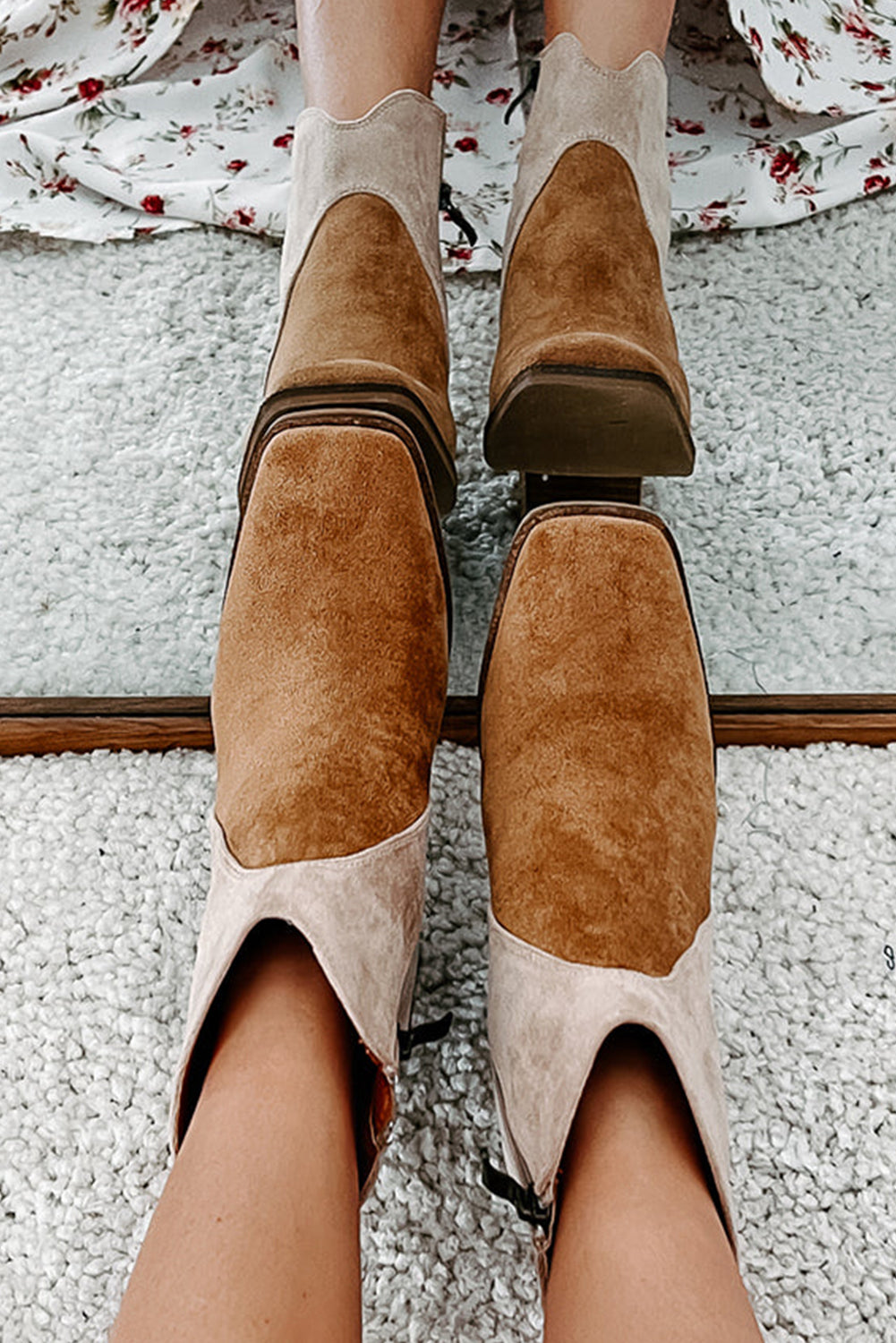 Camel Two Tone Chunky Heel Boots