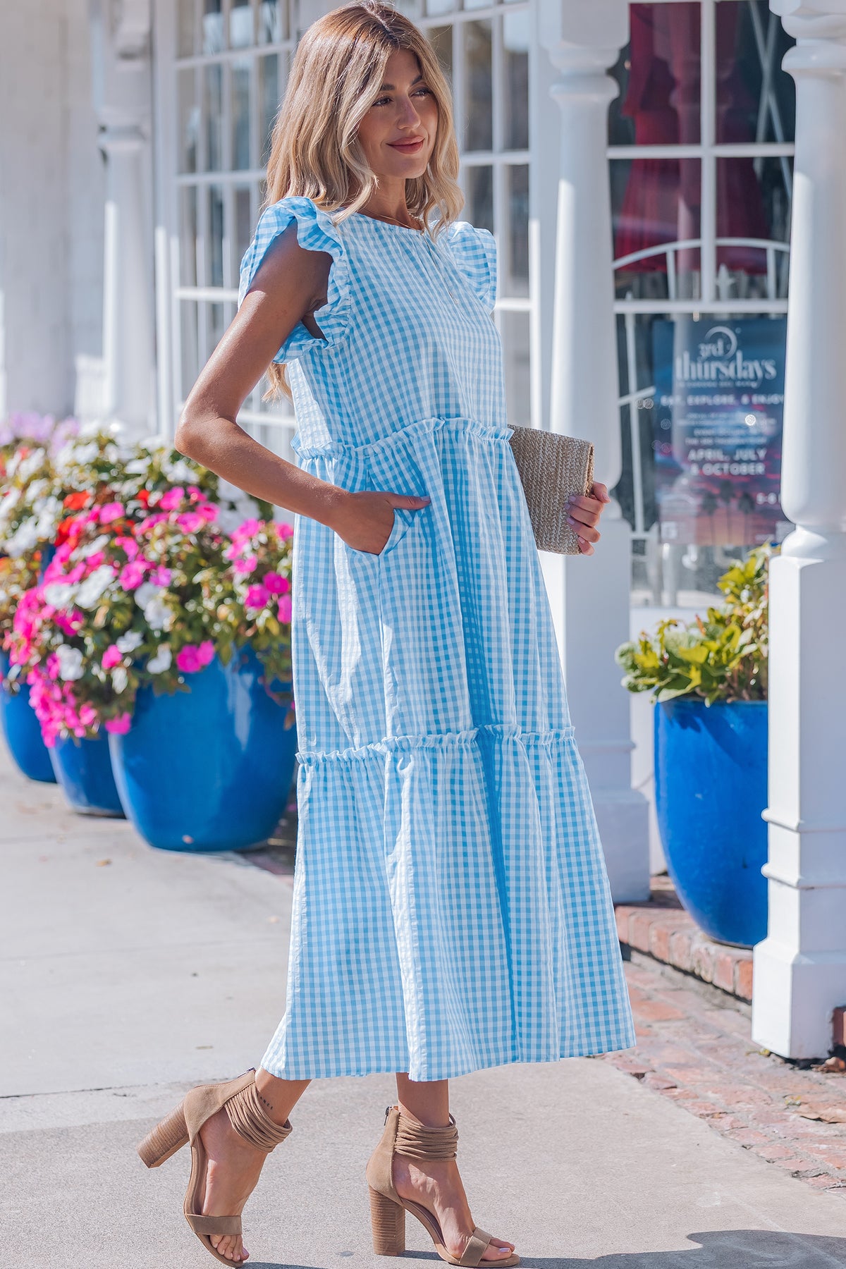 Blue Ruffled Short Sleeve Dress