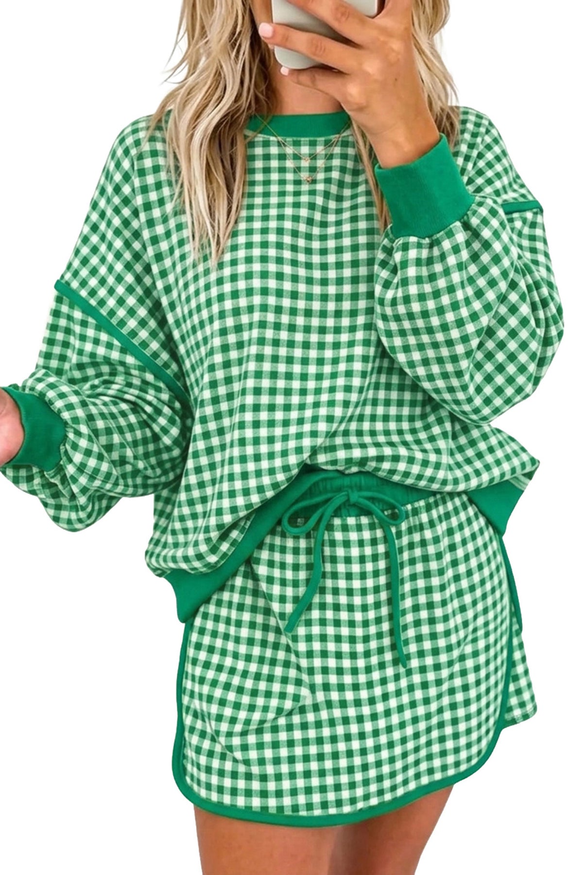 Gingham Oversized Long Sleeve Top and Skort Set