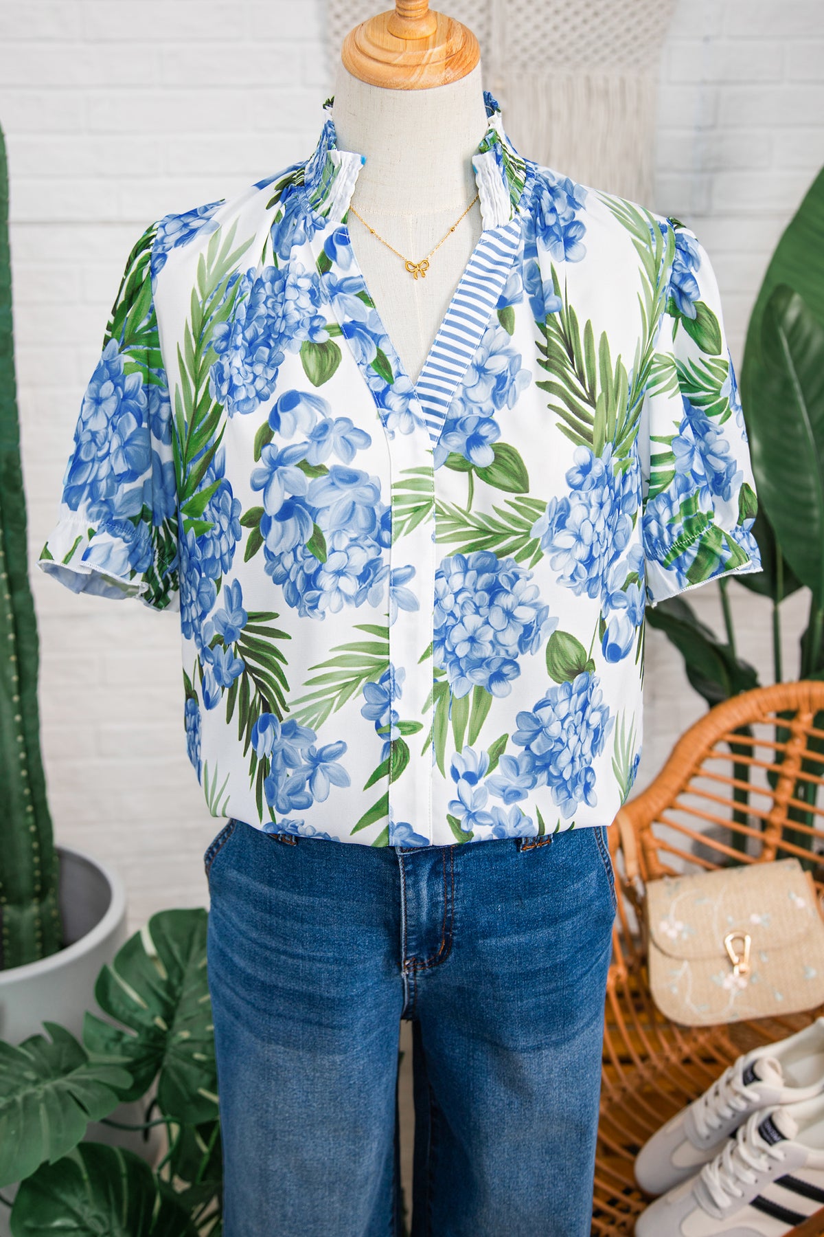 Floral Print Striped Short Sleeve Blouse