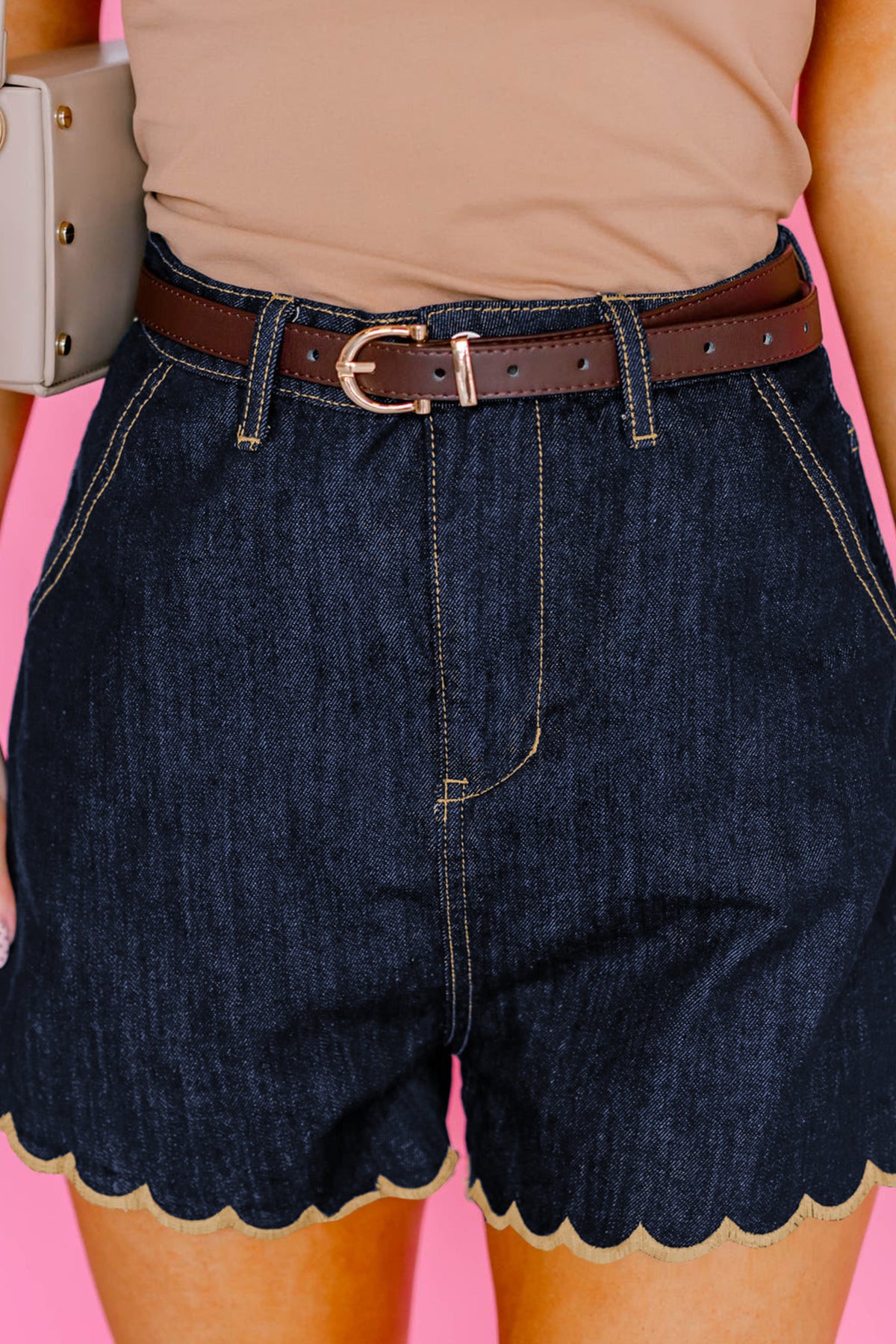 Black Scalloped Trim Denim Shorts