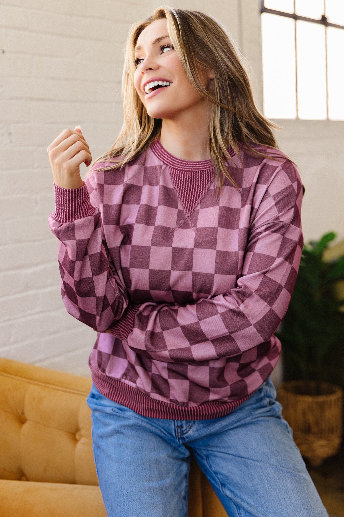 Checkered Long Sleeve Pullover Top