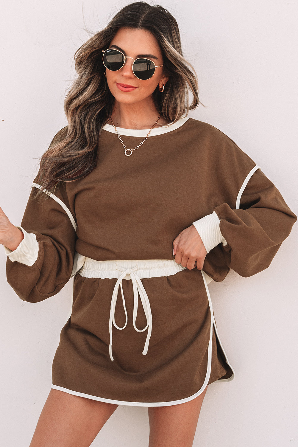 Loose Pullover and Lace-up Waist Skort Set