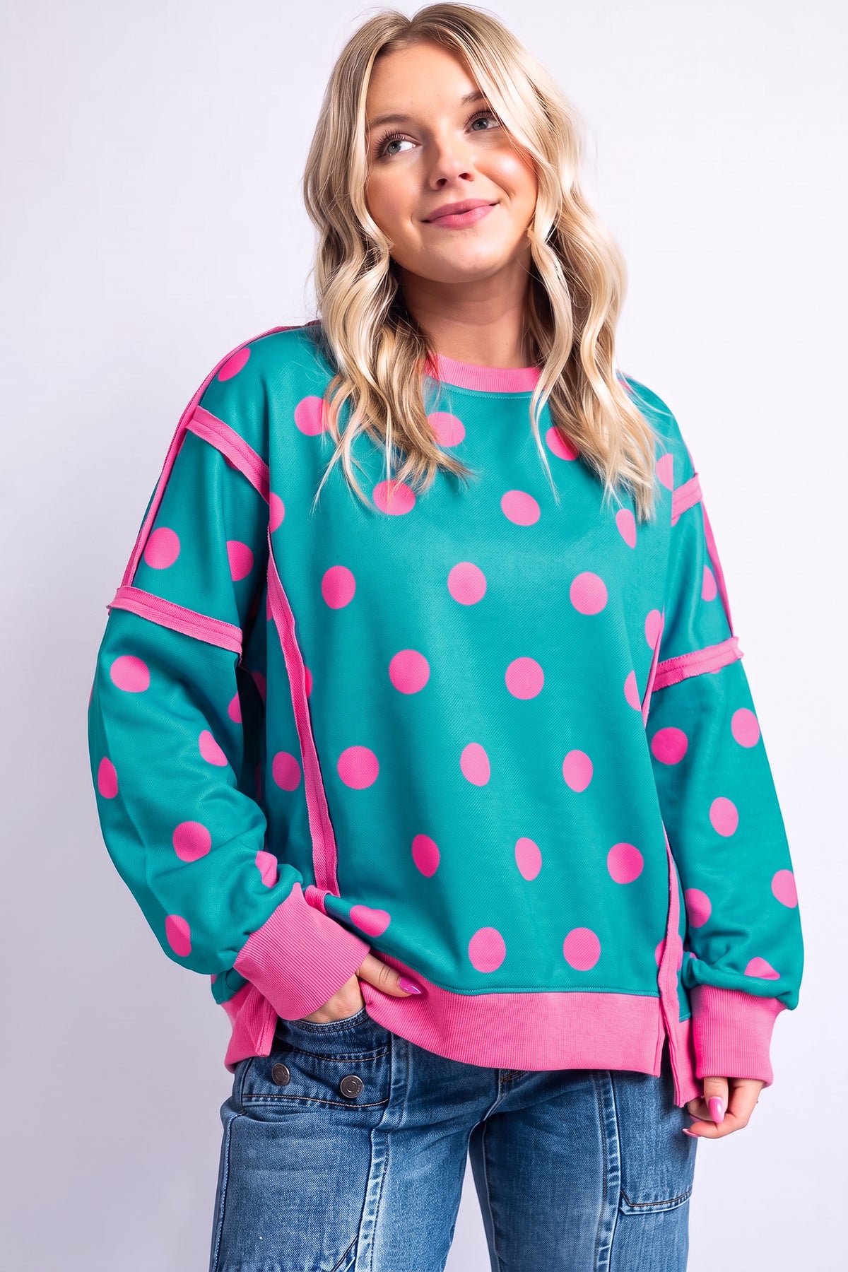Polka Dot Round Neck Baggy Sweatshirt