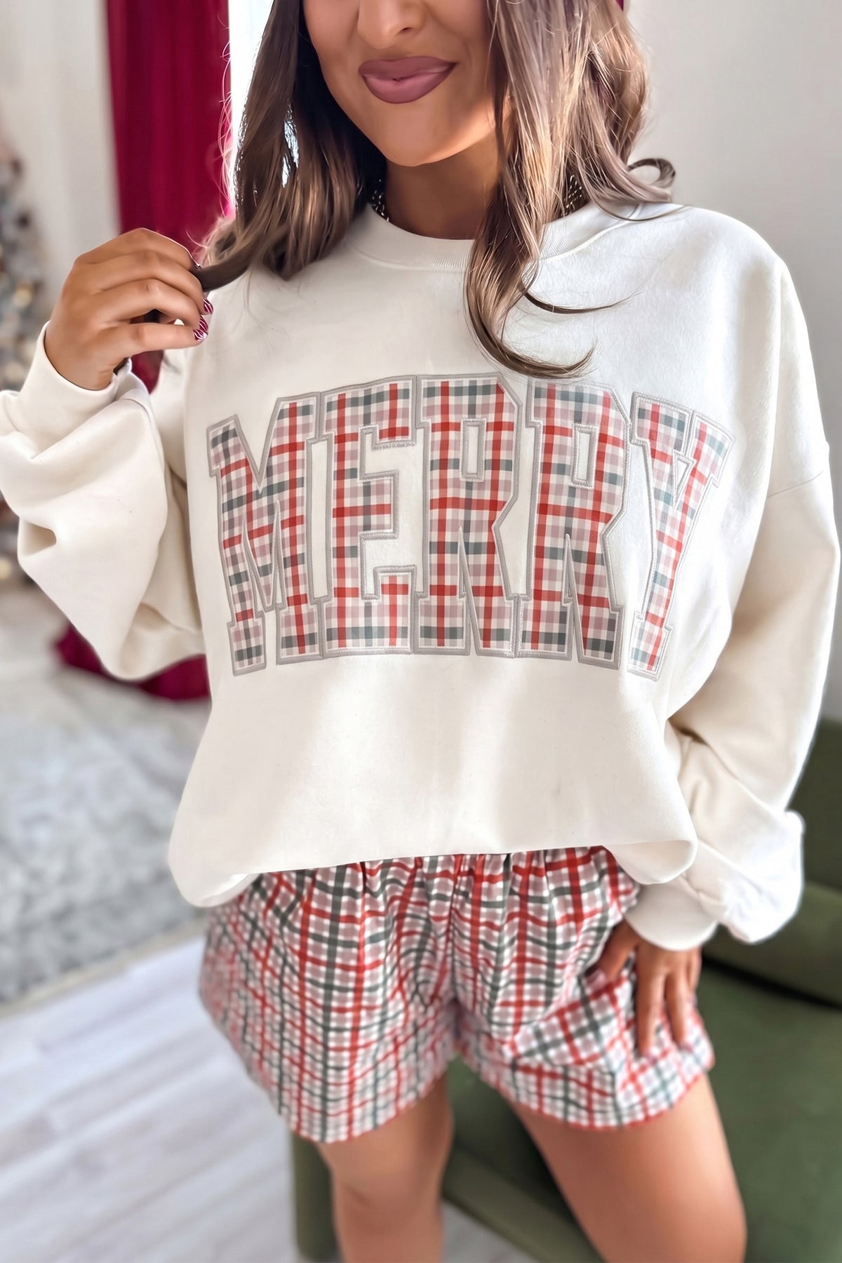 Plaid "MERRY" Long Sleeve Top and Shorts Set