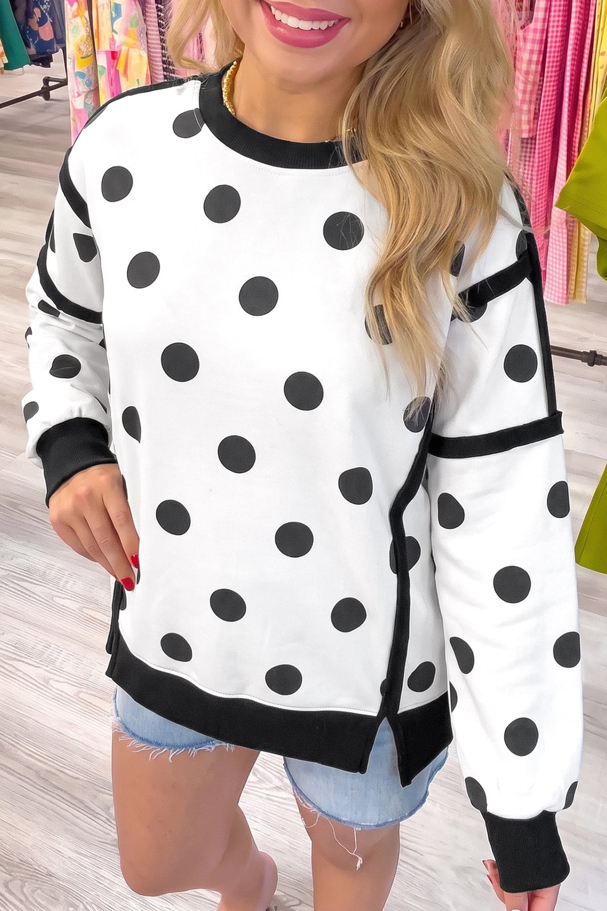 Polka Dot Round Neck Baggy Sweatshirt
