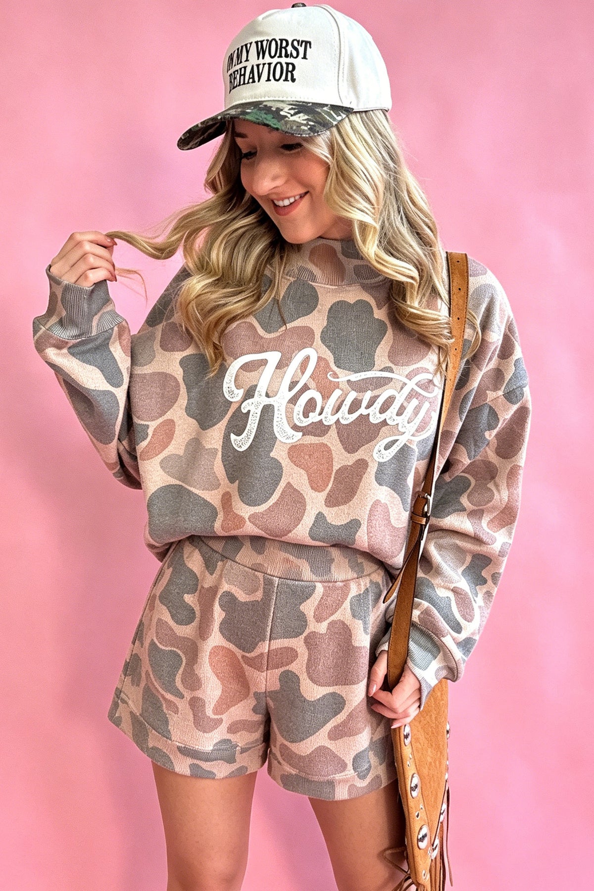 "Howdy" Camouflage Long Sleeve Top and Shorts Set