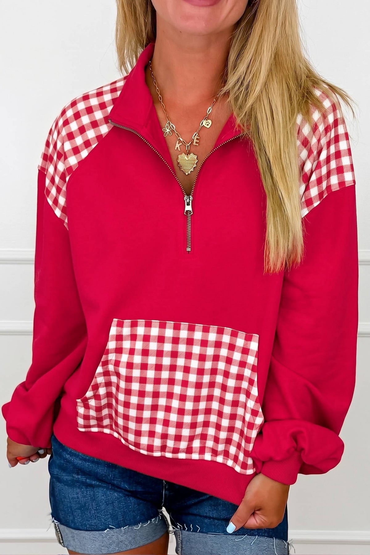 Plaid Pocket Quarter Zip Sweatshirt