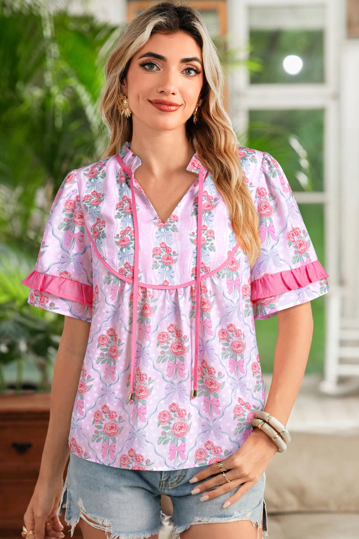 Floral Bow Printed Blouse
