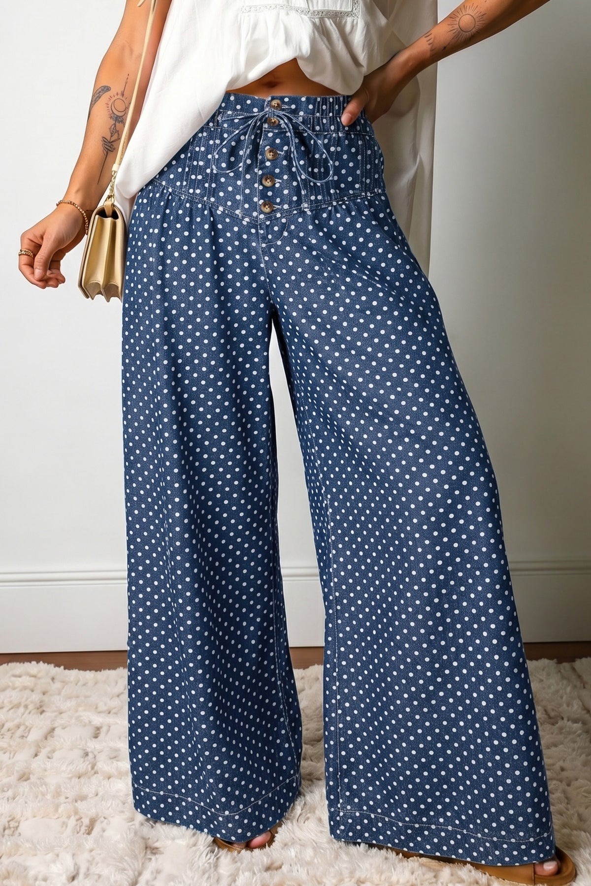 Polka Dot Button Pleated Wide Leg Jeans