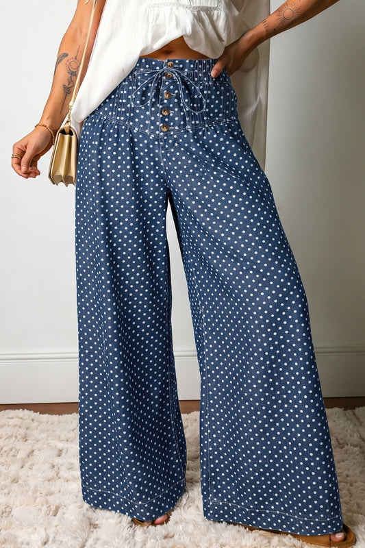 Polka Dot Button Pleated Wide Leg Jeans