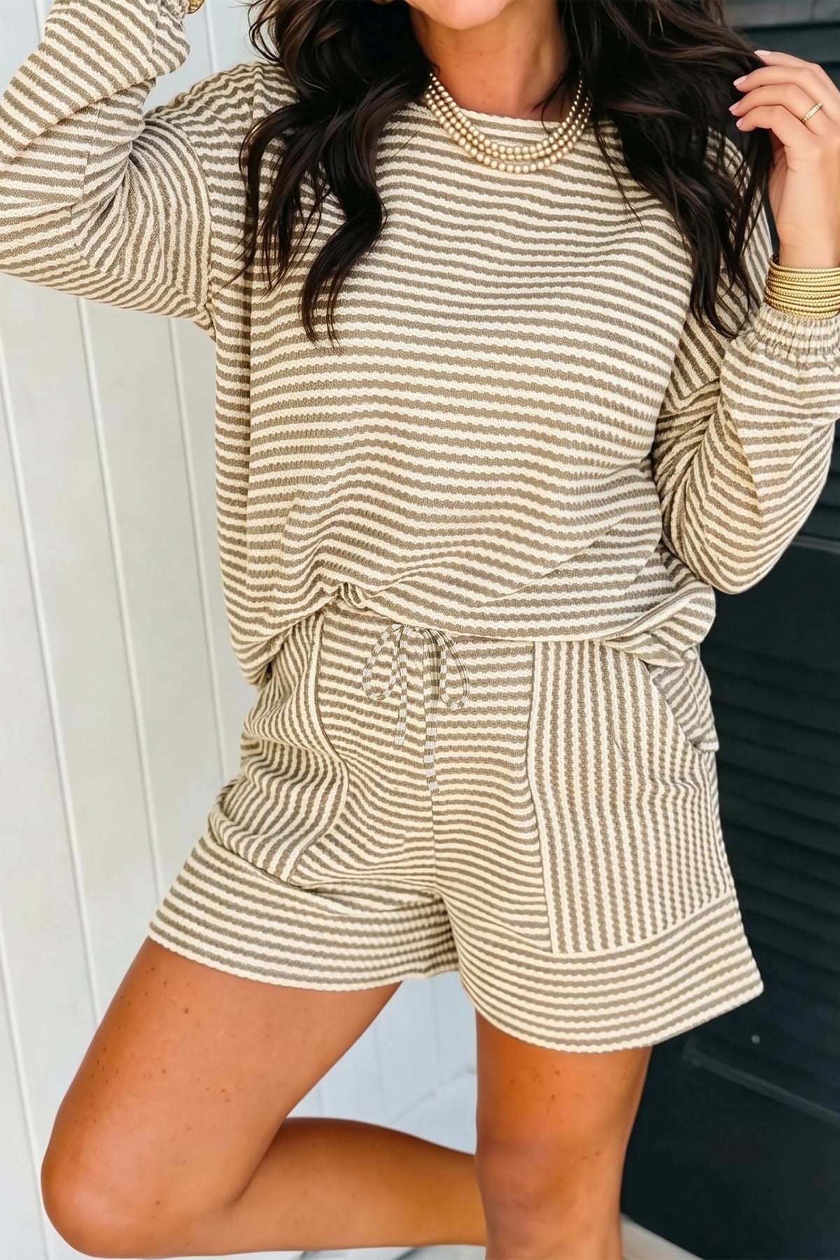 Brown Stripe Long Sleeve Top w/ Shorts
