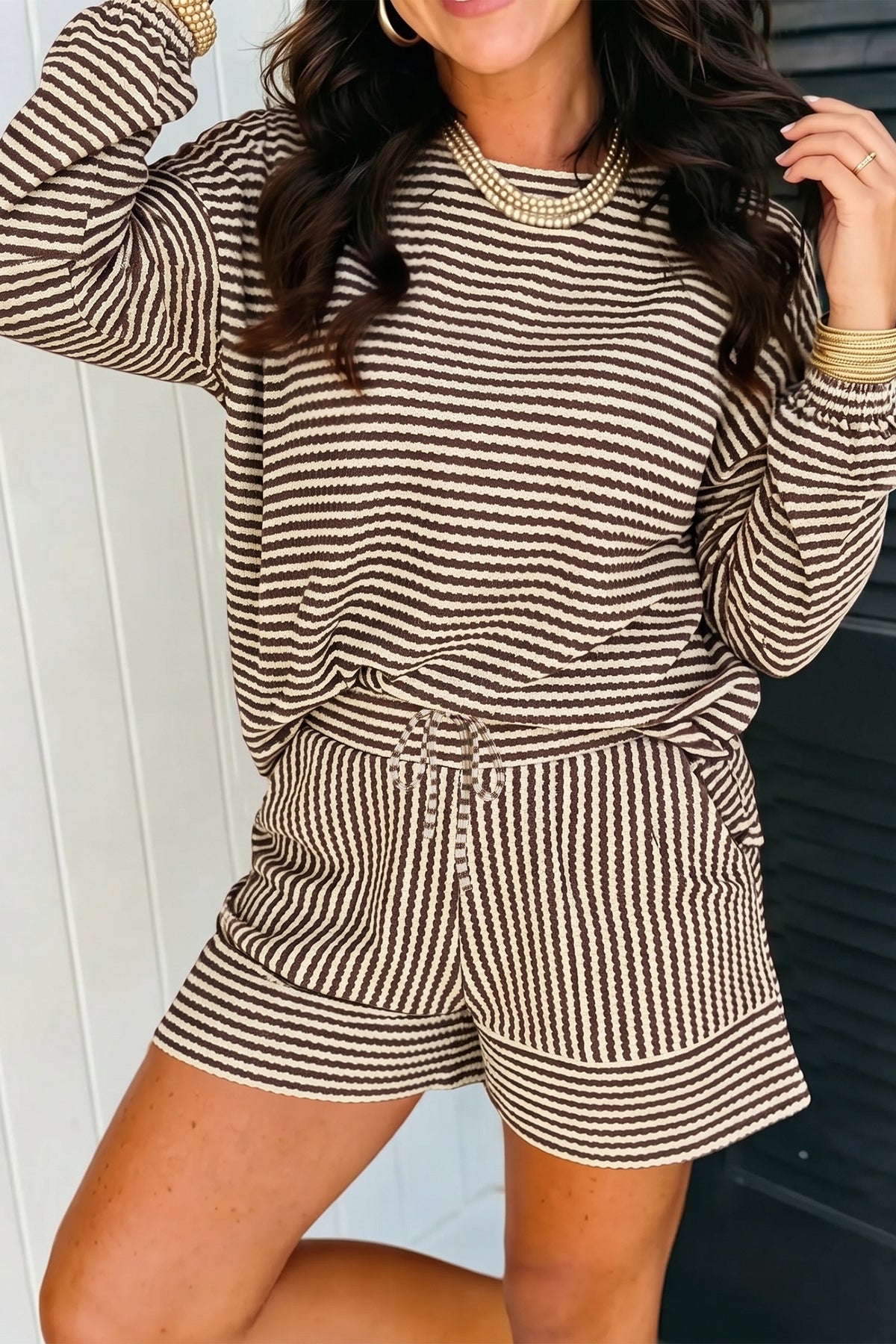 Brown Stripe Long Sleeve Top w/ Shorts