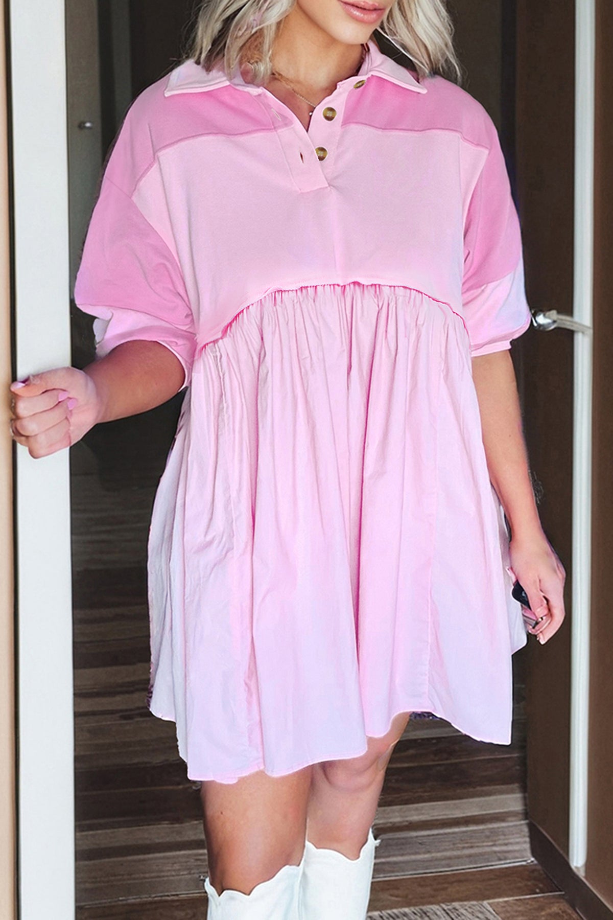 Button Polo Collar Mini Dress