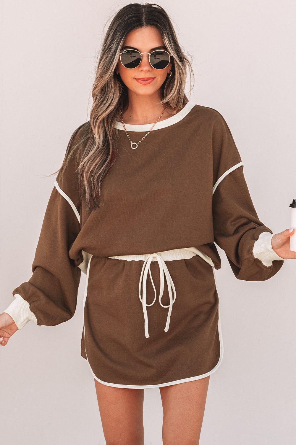 Loose Pullover and Lace-up Waist Skort Set