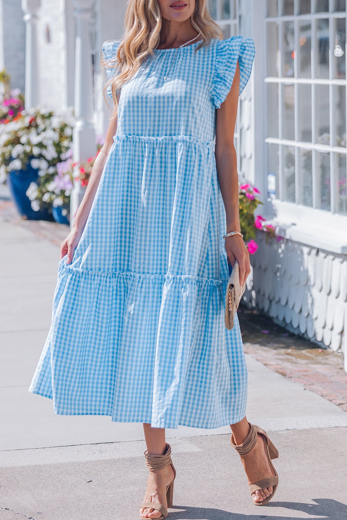 Blue Ruffled Short Sleeve Dress