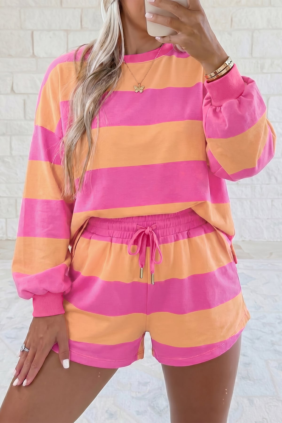 Pink Stripe Long Sleeve Drawstring w/ Shorts Set