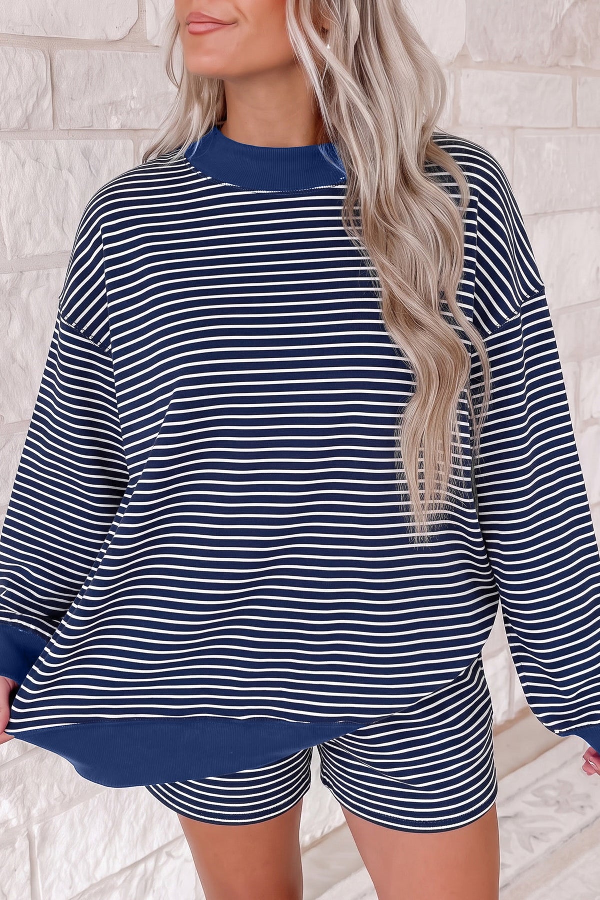 Striped Mock Neck Pullover w/ Shorts Set