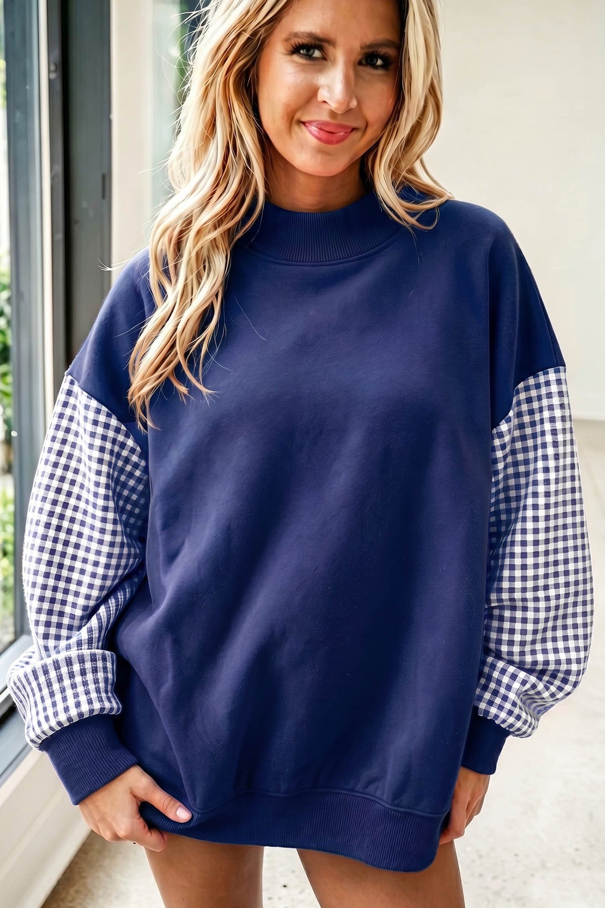 Plaid Sleeve Loose Tunic Sweatshirt