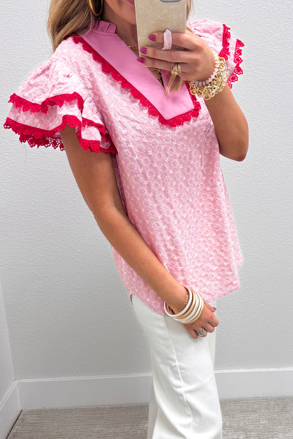 Embroidered Flower Flutter Sleeve Blouse