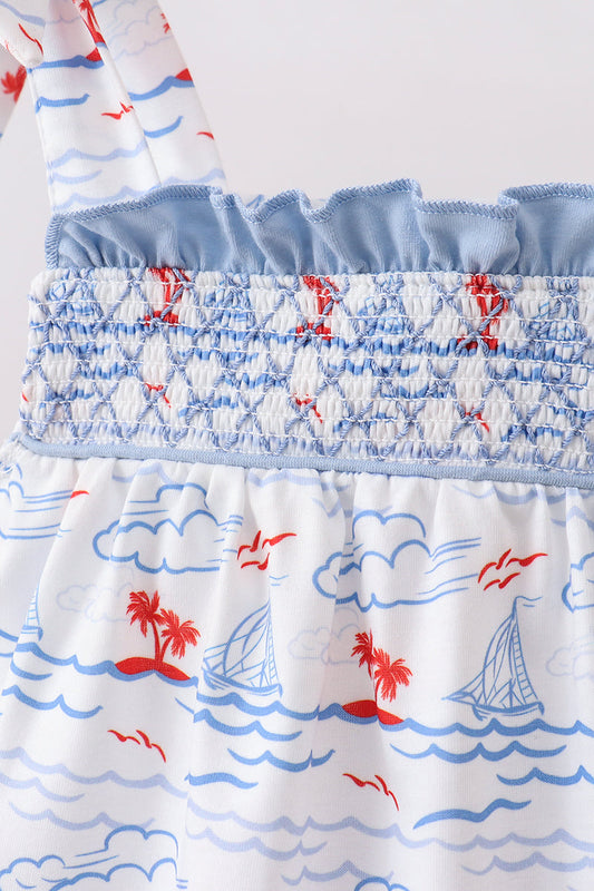 Blue Sailboat Smocked Bloomer Set