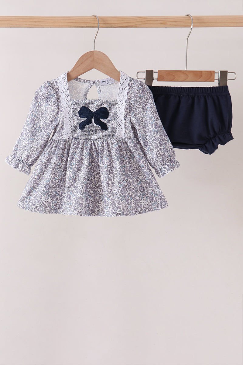 Navy Floral Smocked Bloomer Set