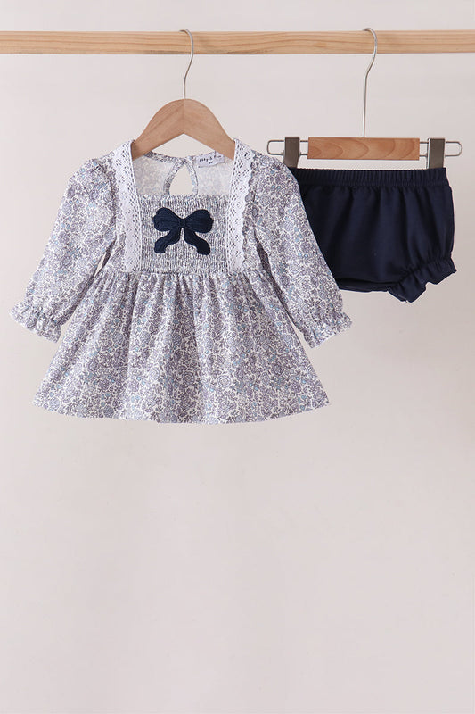 Navy Floral Smocked Bloomer Set