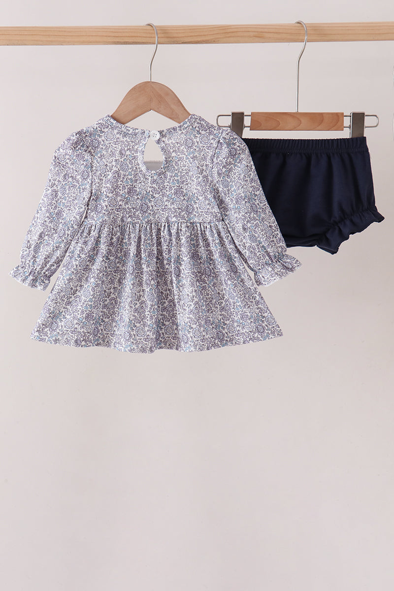 Navy Floral Smocked Bloomer Set