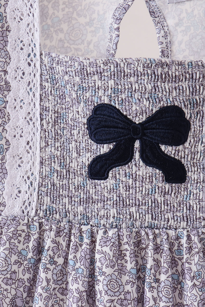 Navy Floral Smocked Bloomer Set