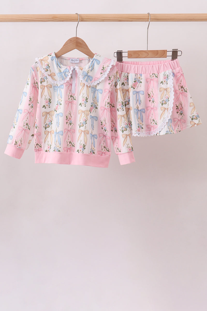 Pink Bow Lace Skorts Set