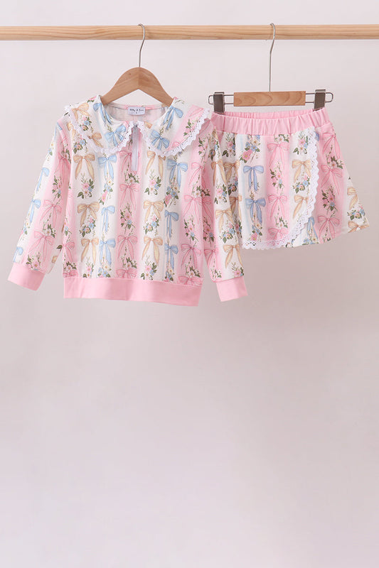 Pink Bow Lace Skorts Set