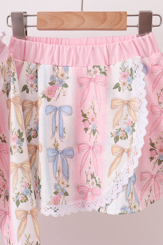 Pink Bow Lace Skorts Set