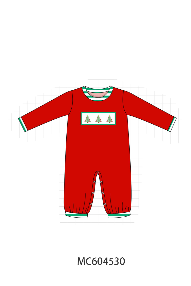 Red Christmas Tree Embroidered Romper