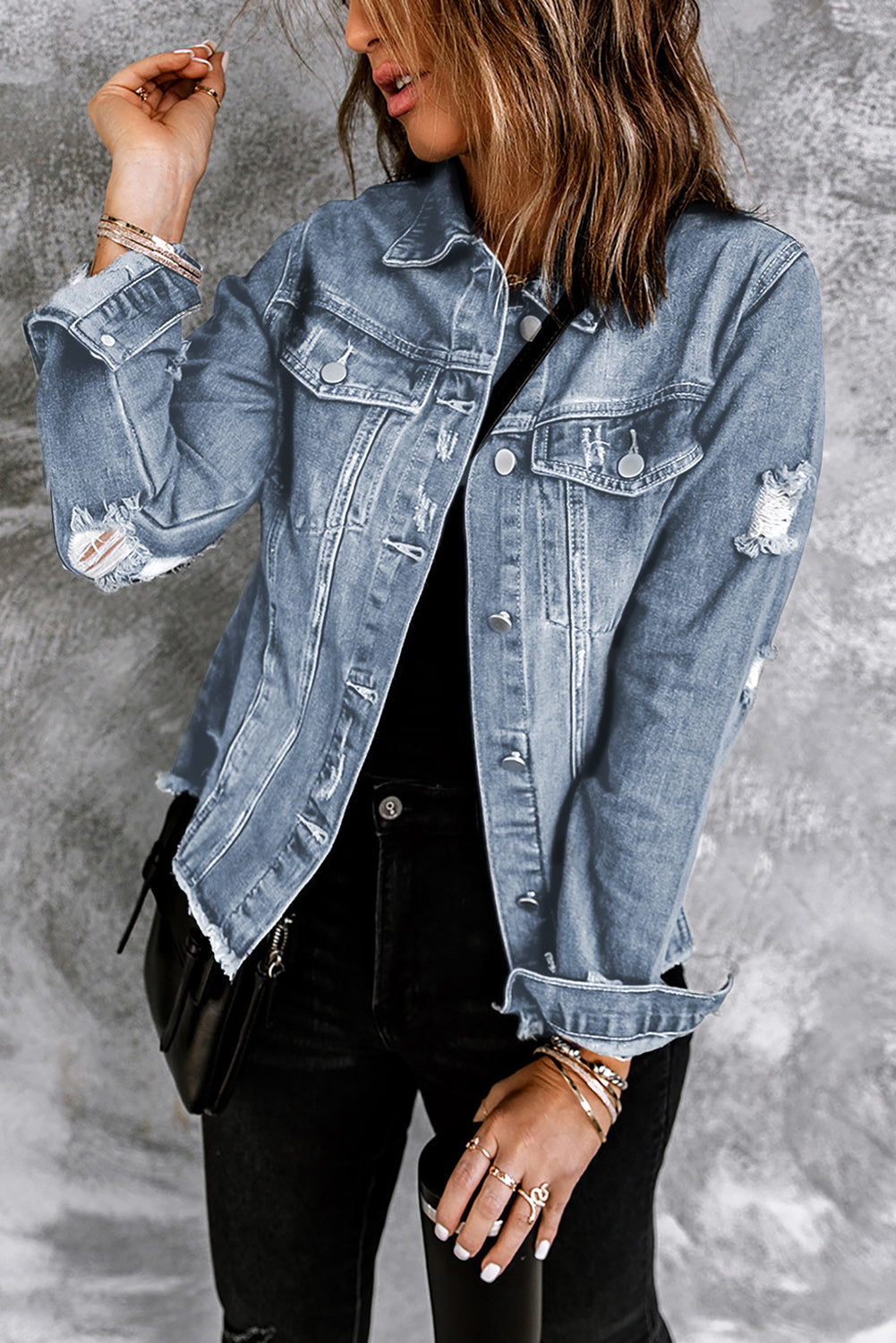 Sky Blue Distressed Denim Jacket