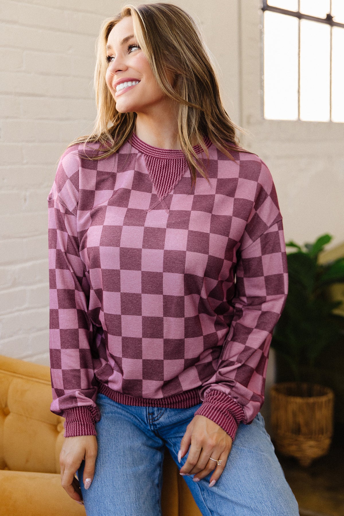 Checkered Long Sleeve Pullover Top