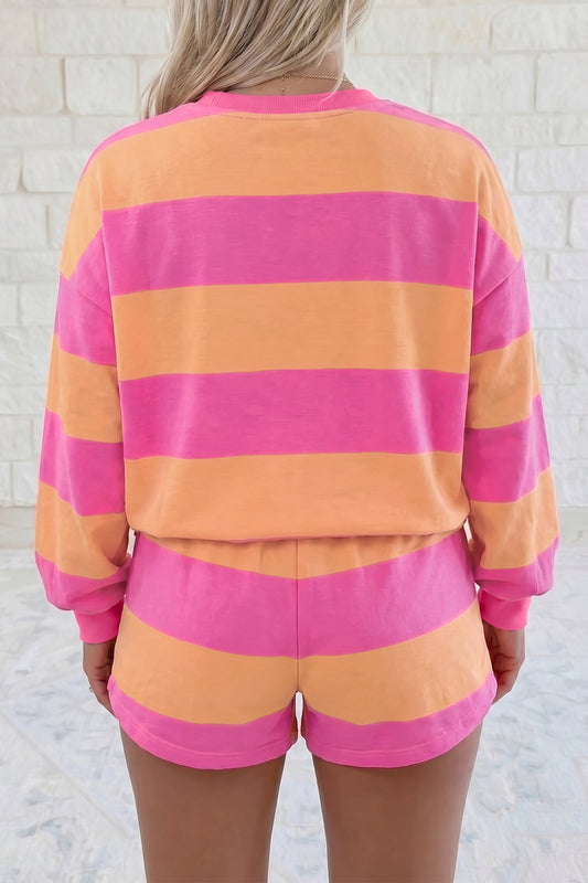 Pink Stripe Long Sleeve Drawstring w/ Shorts Set