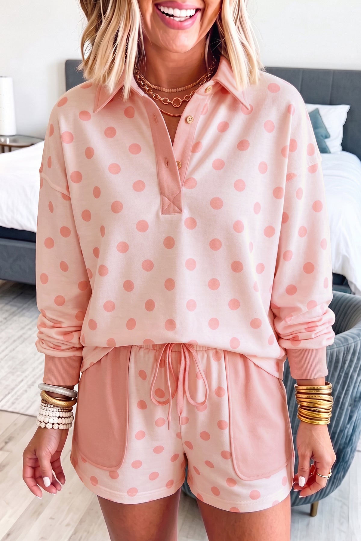 Polka Dot Loose Pullover Shorts Set
